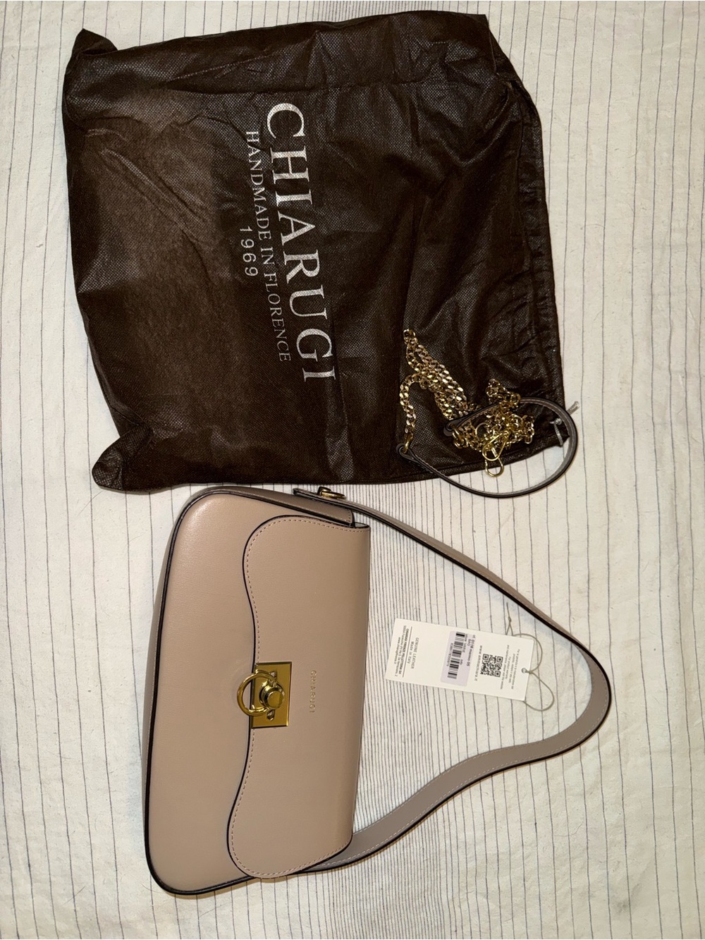 Beige Italian Leather Shoulder Bag with Gold Hardware